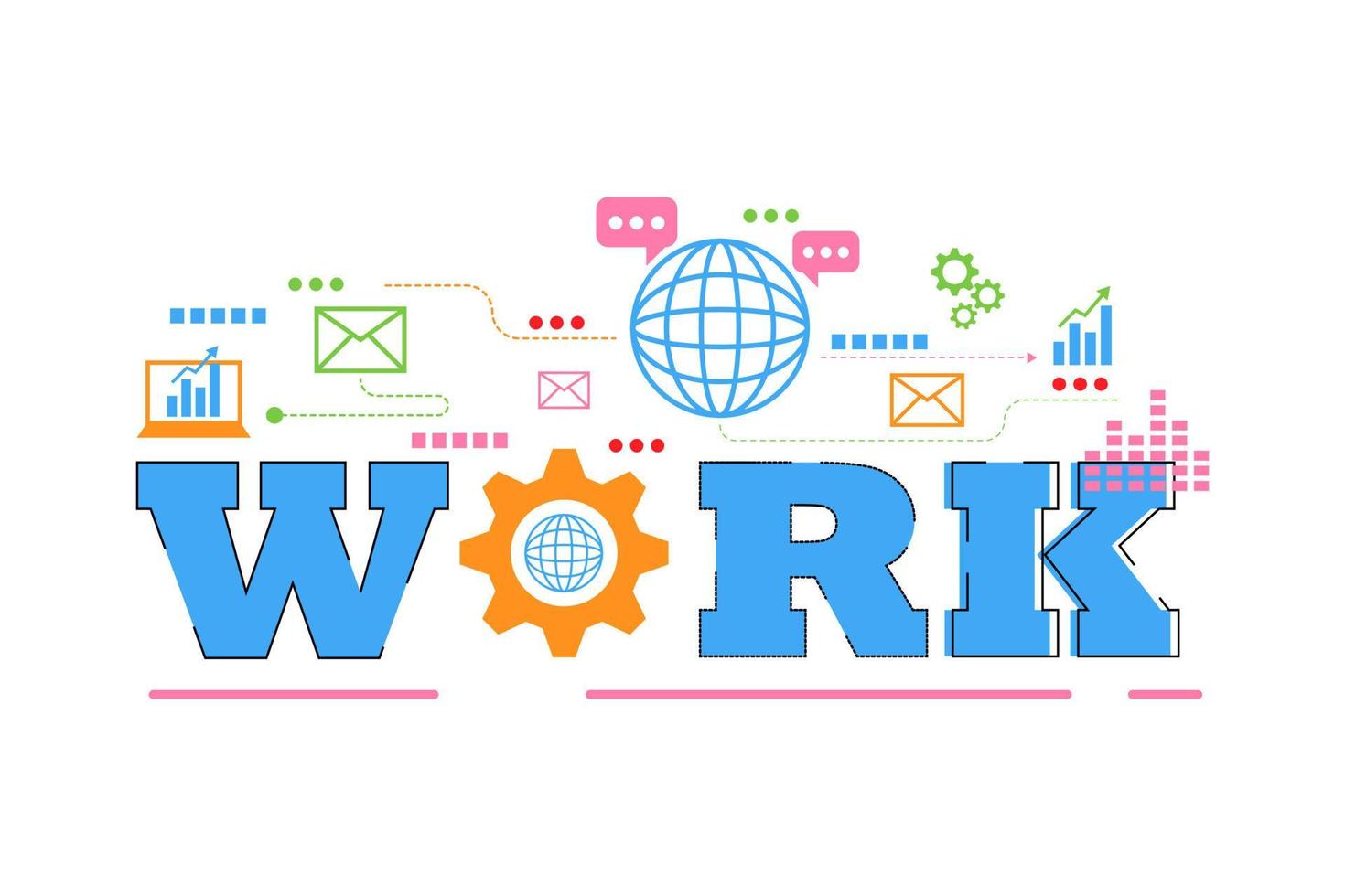 la letra o palabra de trabajo con el icono para presentación, banner web, artículo. conexión, aprendizaje, encuentro e idea. concepto de trabajo en línea. vector