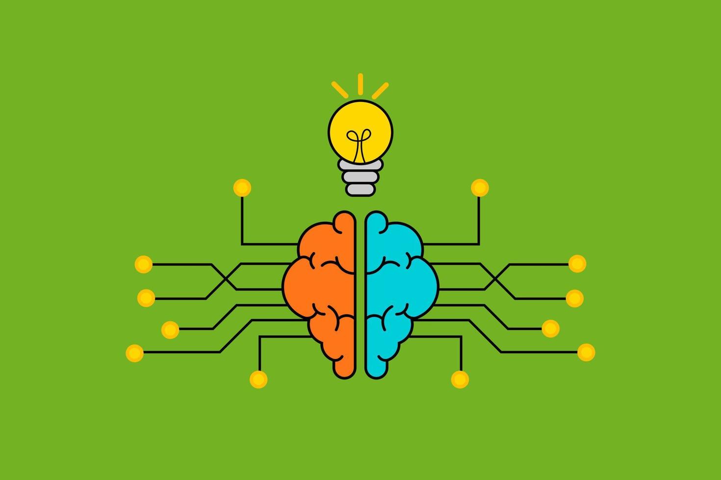 Creative and idea concept. Brain with line and yellow spot and light bulb. Background or banner for design. vector