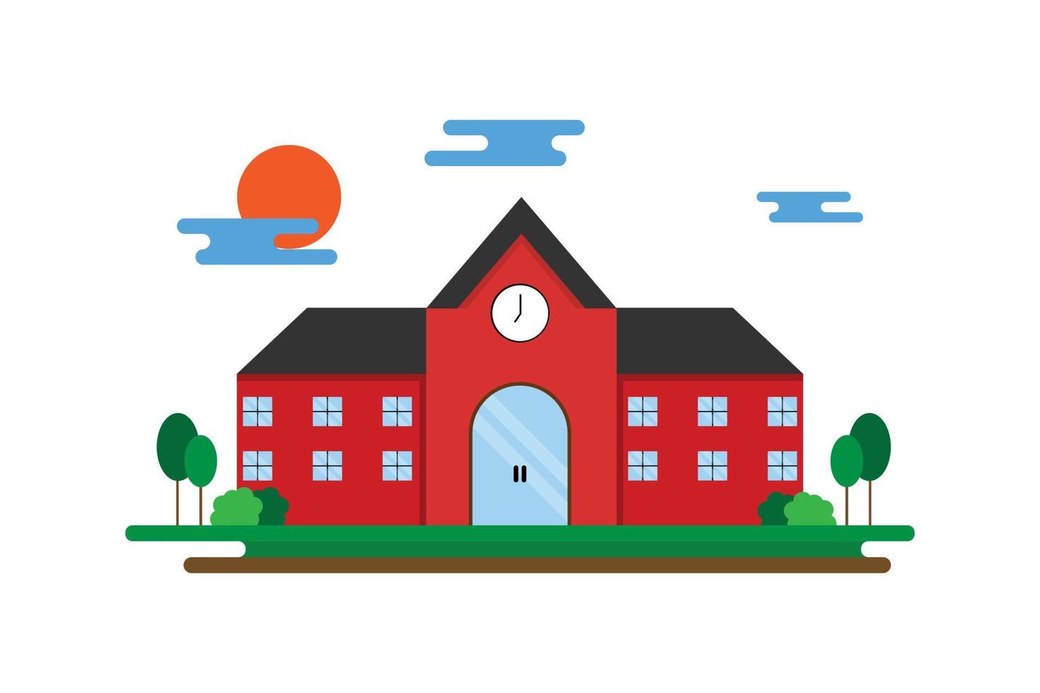 Back to school concept. Red school building with green trees, clouds, and the sun rise in flat design on white background. College, university, the academy for the banner. vector