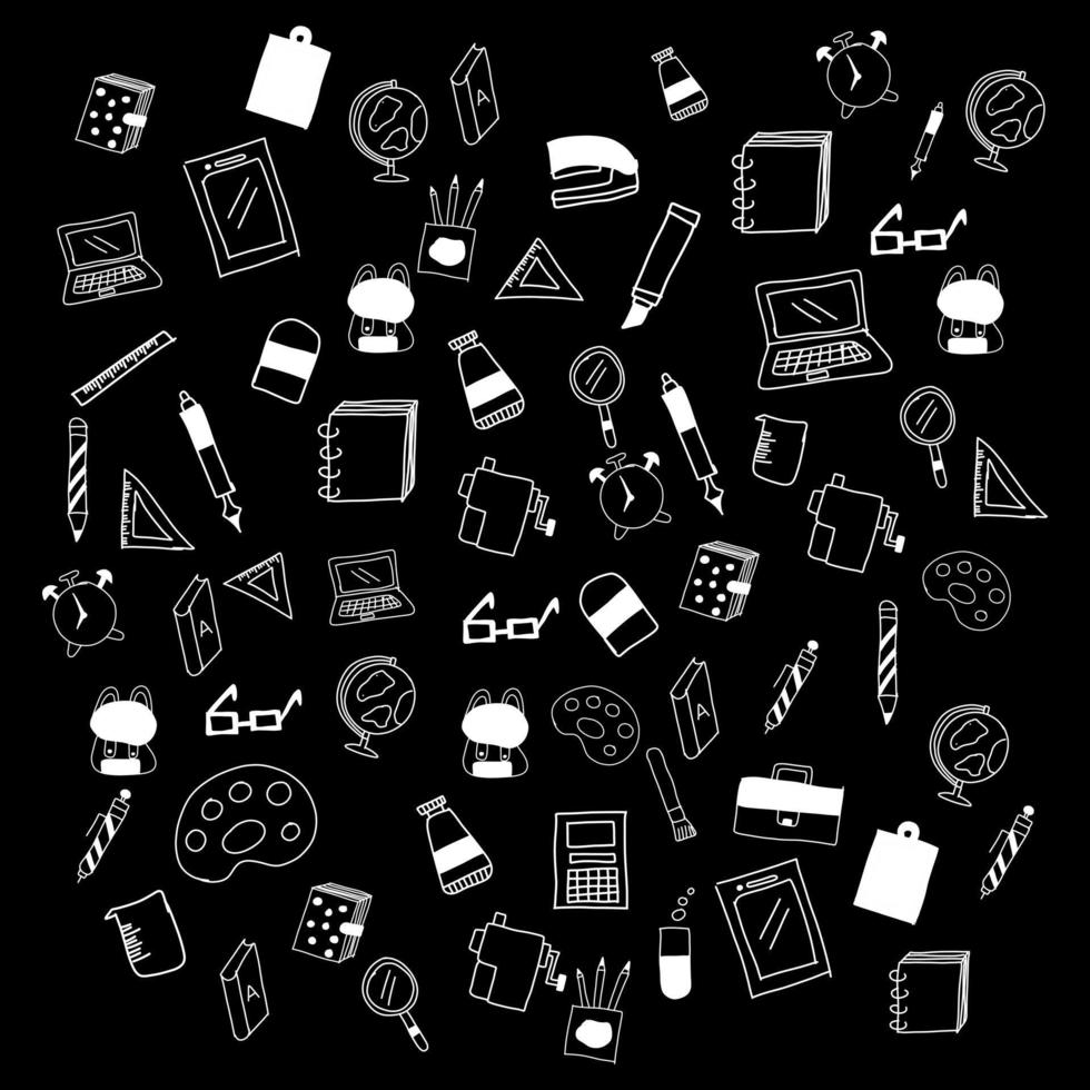 Back to school concept. Hand drawing doodle of equipment for study in classroom isolated on black background. vector