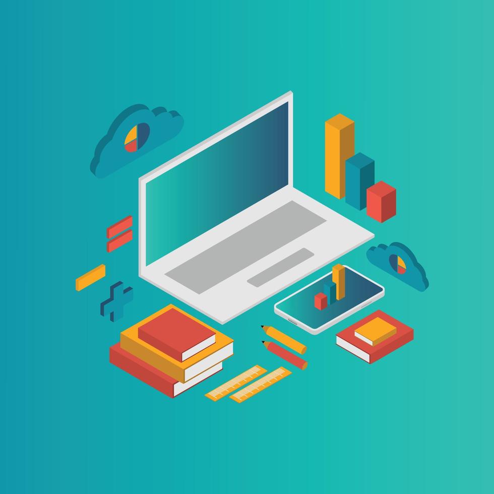 E-learning concept. Isometric of a laptop with mobile or smartphone, pencil, graph, book ,and cloud computing for study on blue and green background Online study with computer from home. vector
