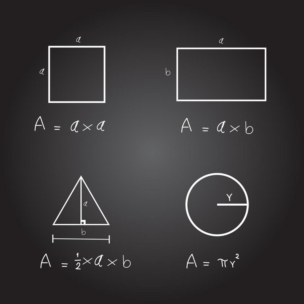 área de fórmula escrita a mano de forma rectangular, triángulo y círculo sobre fondo negro. área de ecuaciones de las matemáticas. concepto de educación y aprendizaje. vector