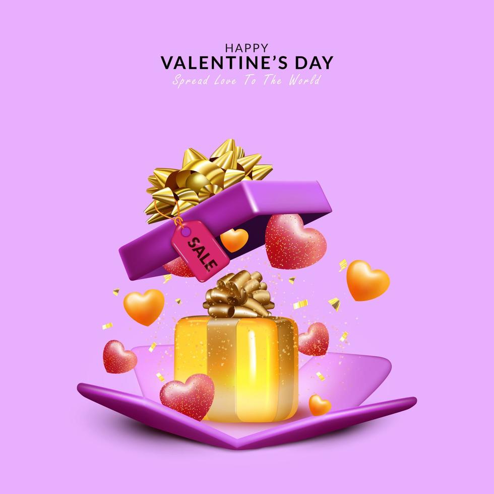 Happy valentine's day sale banner, with realistic open gift box vector