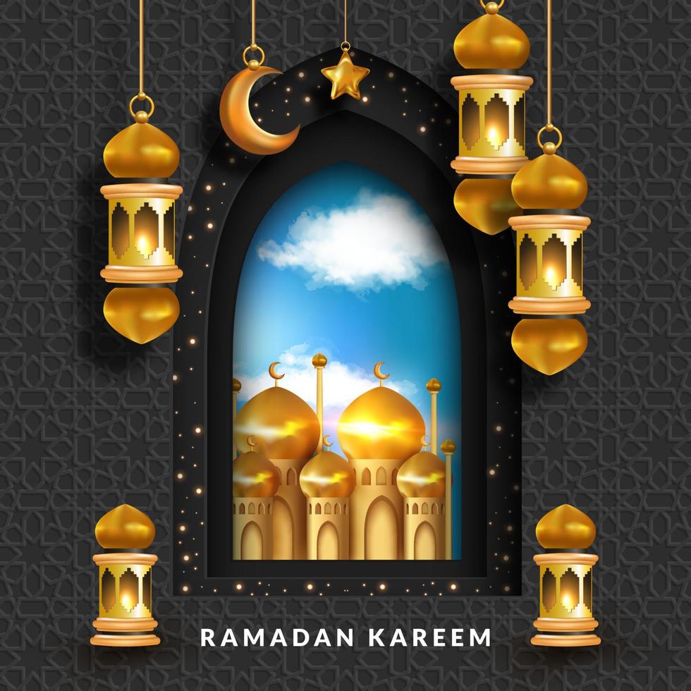 tarjeta de felicitación ramadan kareem con ventana árabe y diseño de mezquita vector