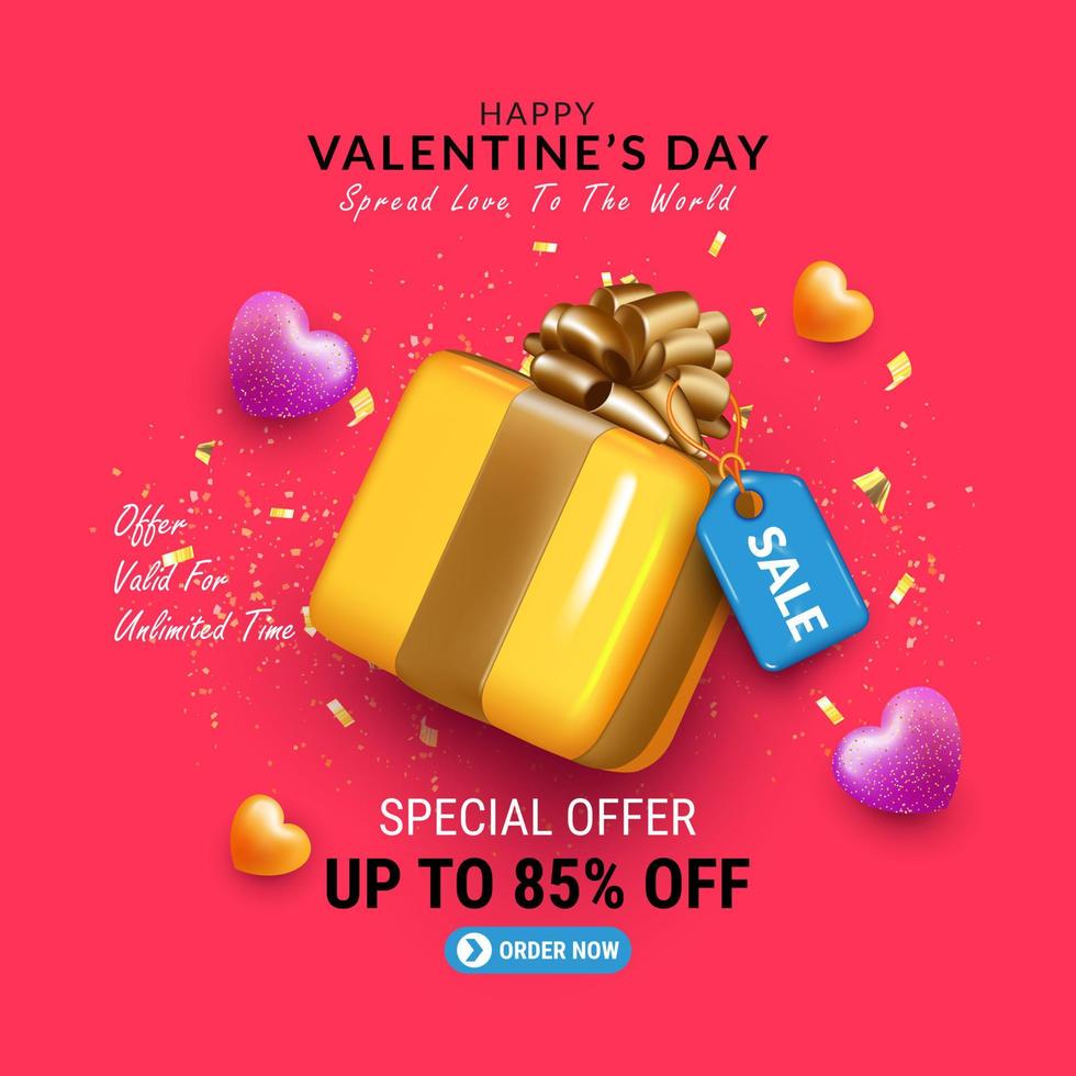 Valentines day sale banner with realistic gift box illustration for product promotion on social media vector