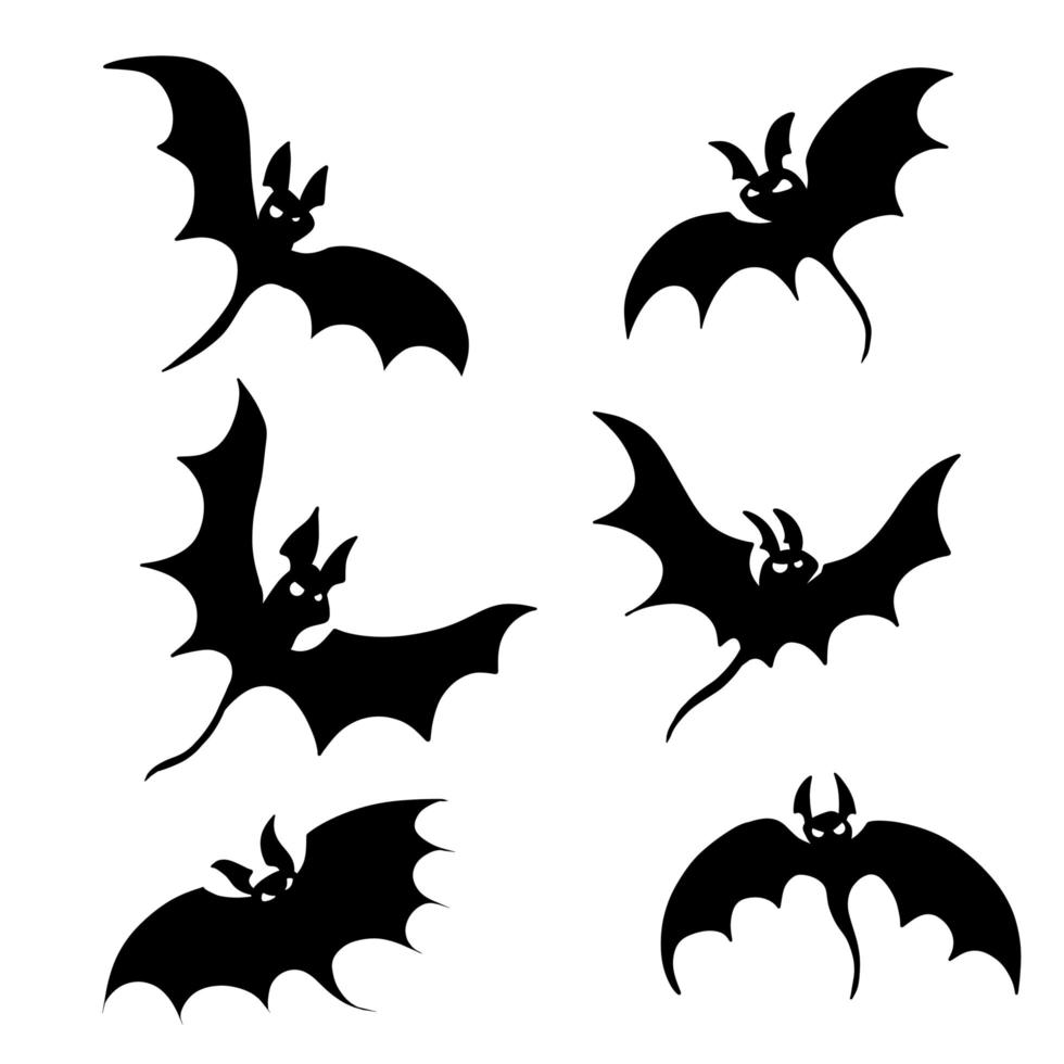 Silhouette of bat. Halloween and horror decorations. Flying black vampire animal with wings. Flat cartoon vector