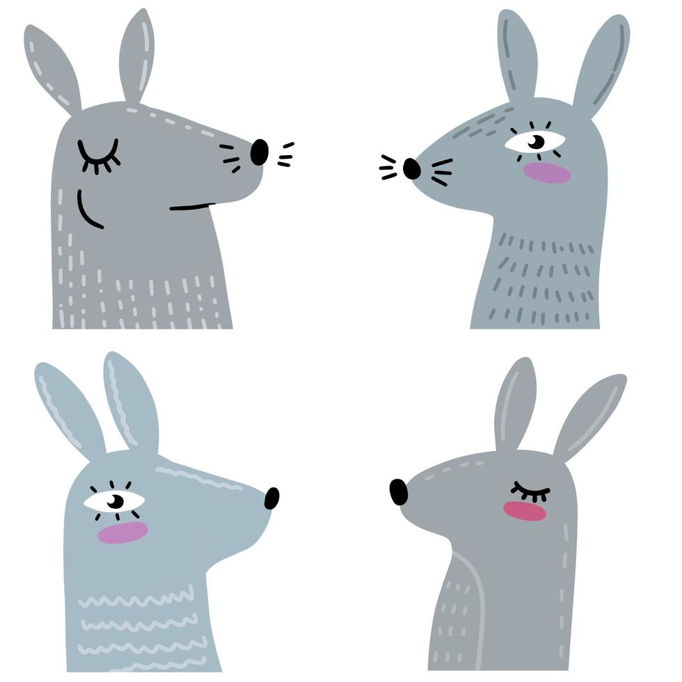 Cute bunny. Head of gray rabbit. Funny hare character with big ears. vector