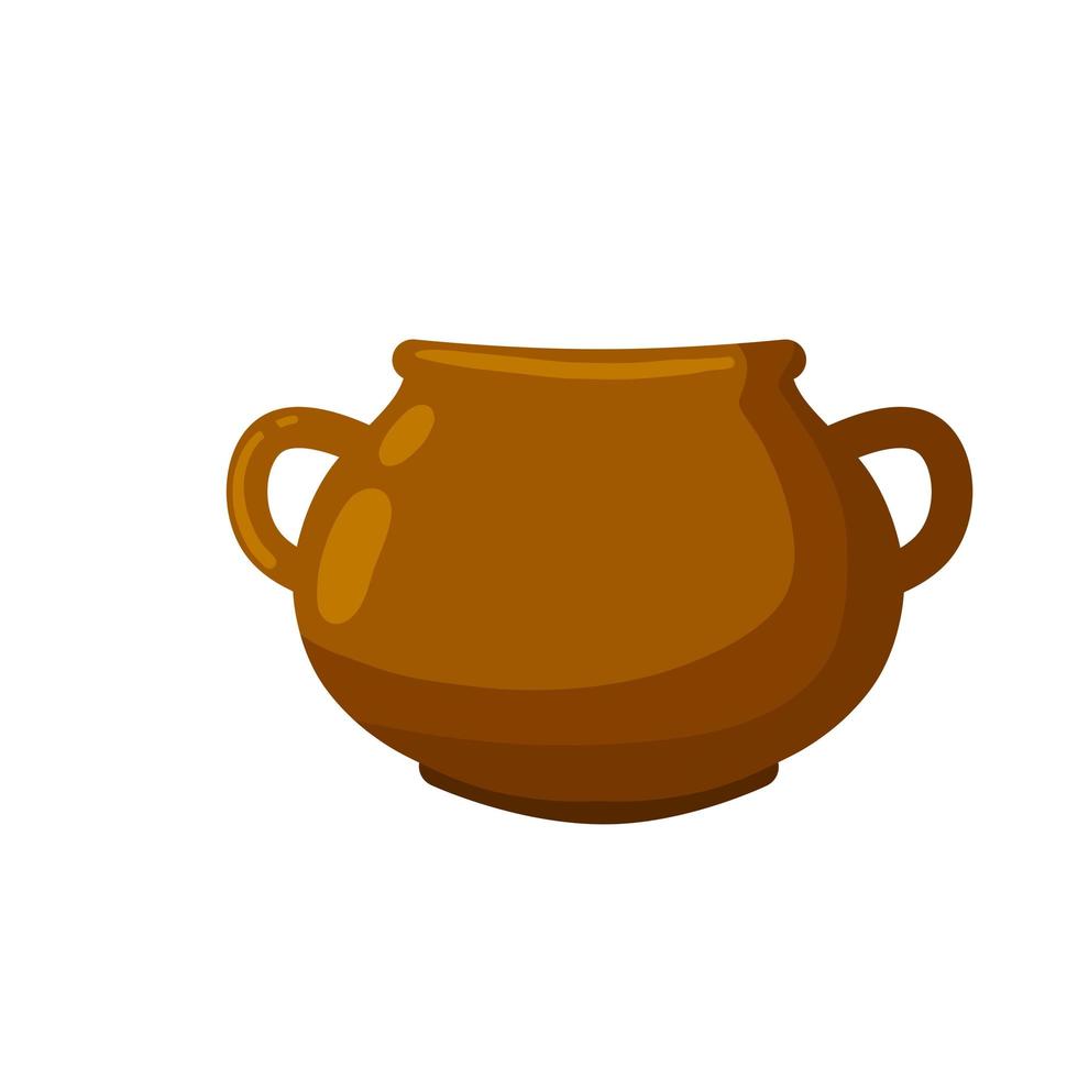 Clay pot. Copper jug. Brown antique tableware with handles. vector
