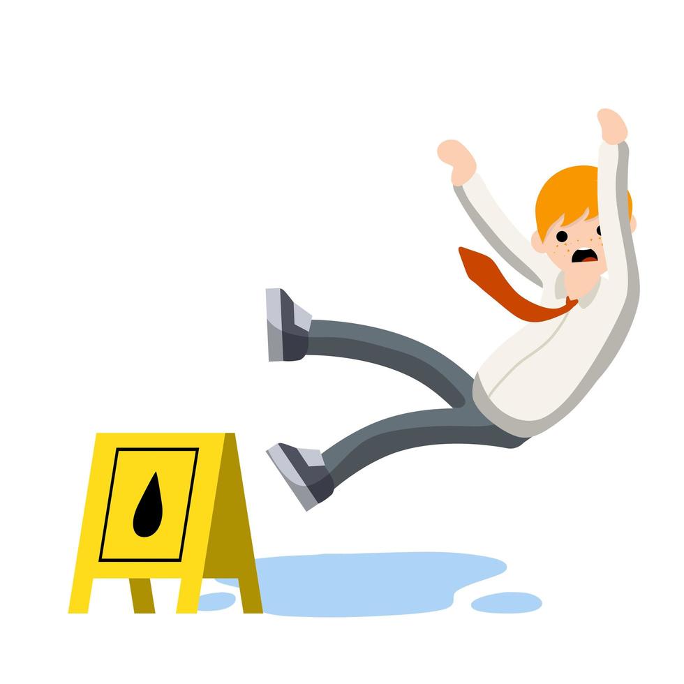 Man slipped on wet floor. Danger and risk. Sliding on puddle of water. Mistake and falling. Flat cartoon illustration vector