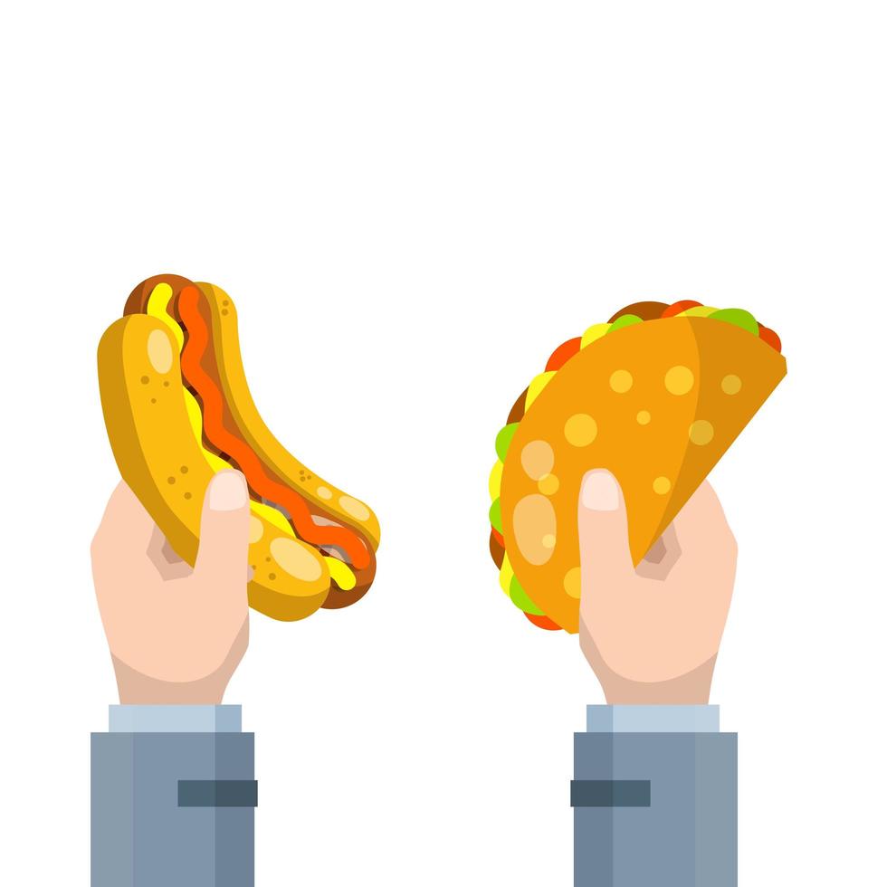 Tacos and hot dog. Street junk food. Spanish and American meal. vector