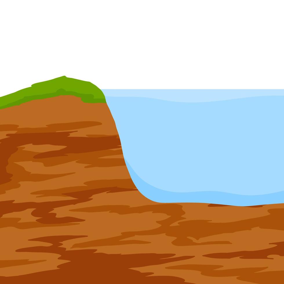 Water shore. Land in cross section. Coast of pond and bottom of lake. Ecology and geology. Flat cartoon illustration vector