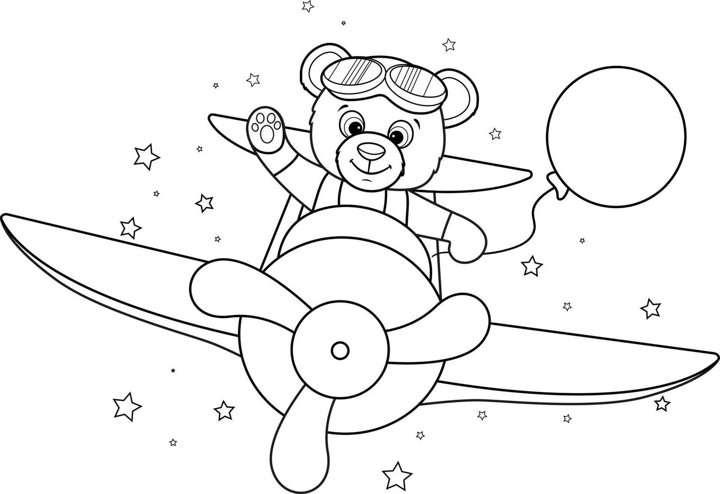 Coloring page happy Teddy Bear flying on an airplane vector