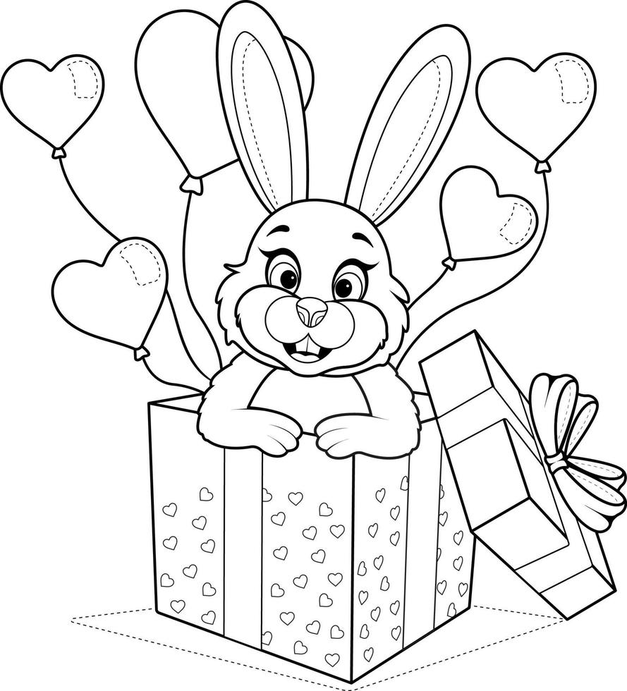 Coloring page. Romantic pink rabbit in a gift box with balloons vector
