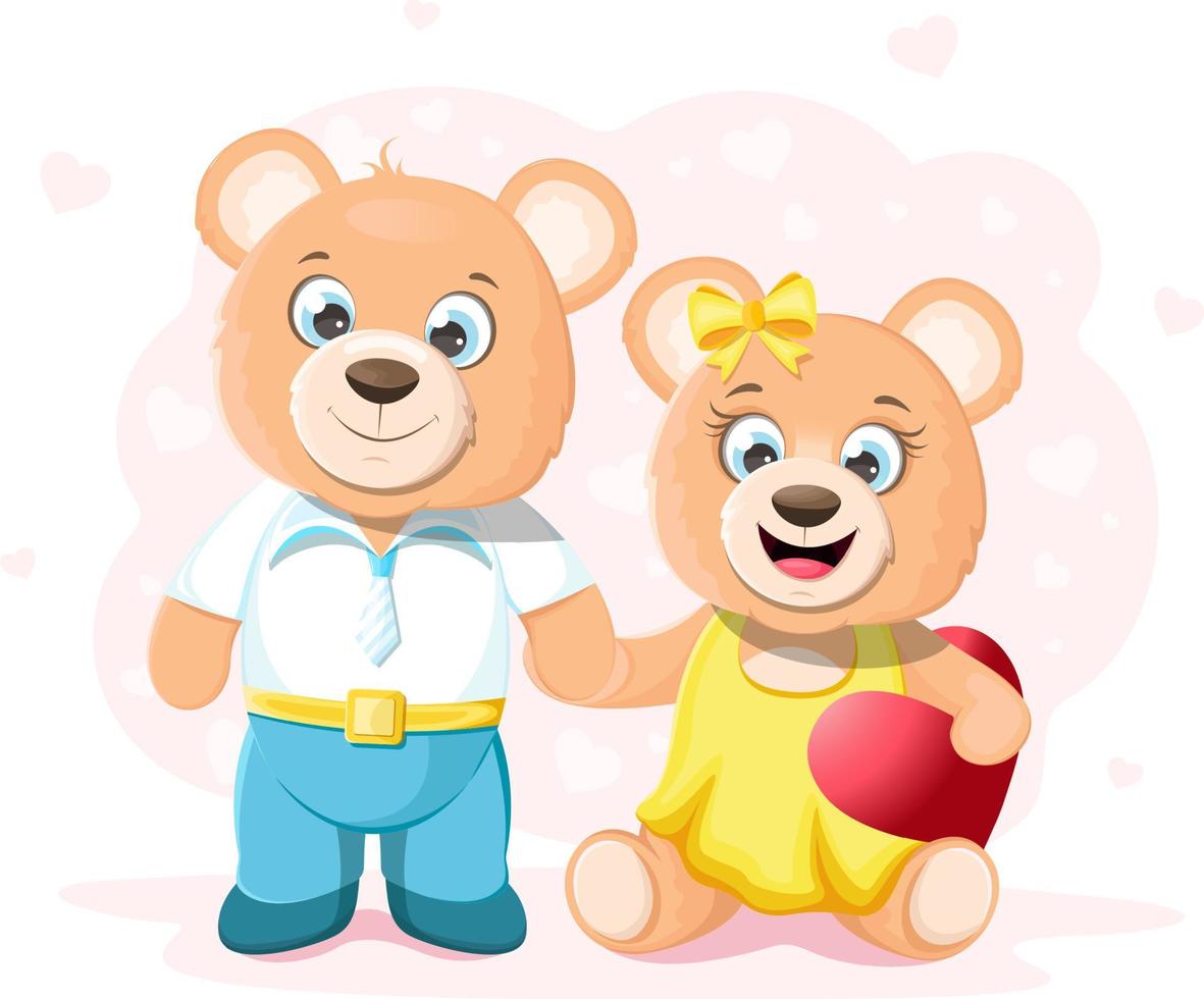 Two cartoon teddy bears in love. Teddy bear boy holds by the paw a bear girl. Teddy bear girl holding a heart. Pink background with hearts vector