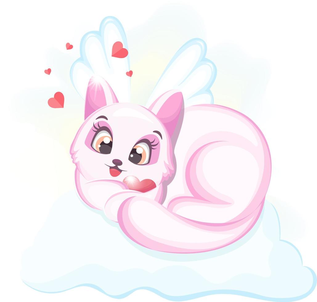 lindo gatito cupido con alas y un corazón yace en una nube vector