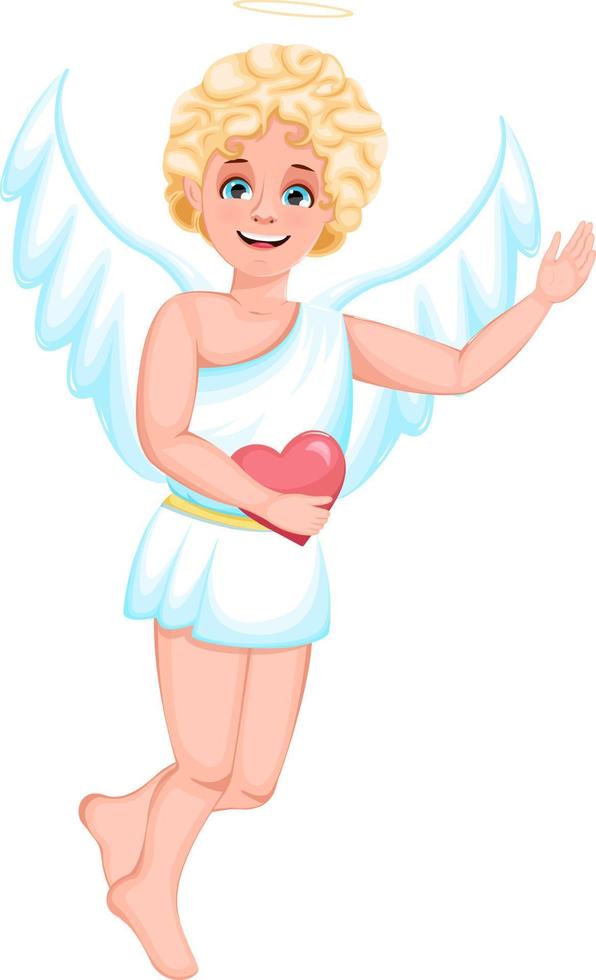 Cheerful and cute cupid with wings in white clothes holding a heart in his hand vector