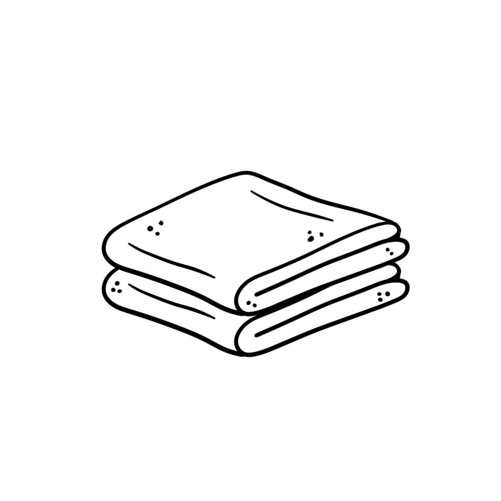 Folded towel or cloth. Packed neat clothes. Stack of fabric. Line drawing. Isolated cartoon black and white illustration. vector