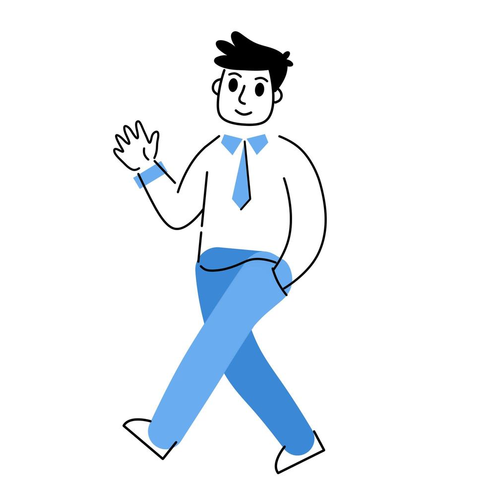 el hombre camina sobre fondo blanco. gesto de saludo. personaje gordo geométrico moderno y moderno. ilustración de dibujos animados de contorno sobre fondo blanco vector