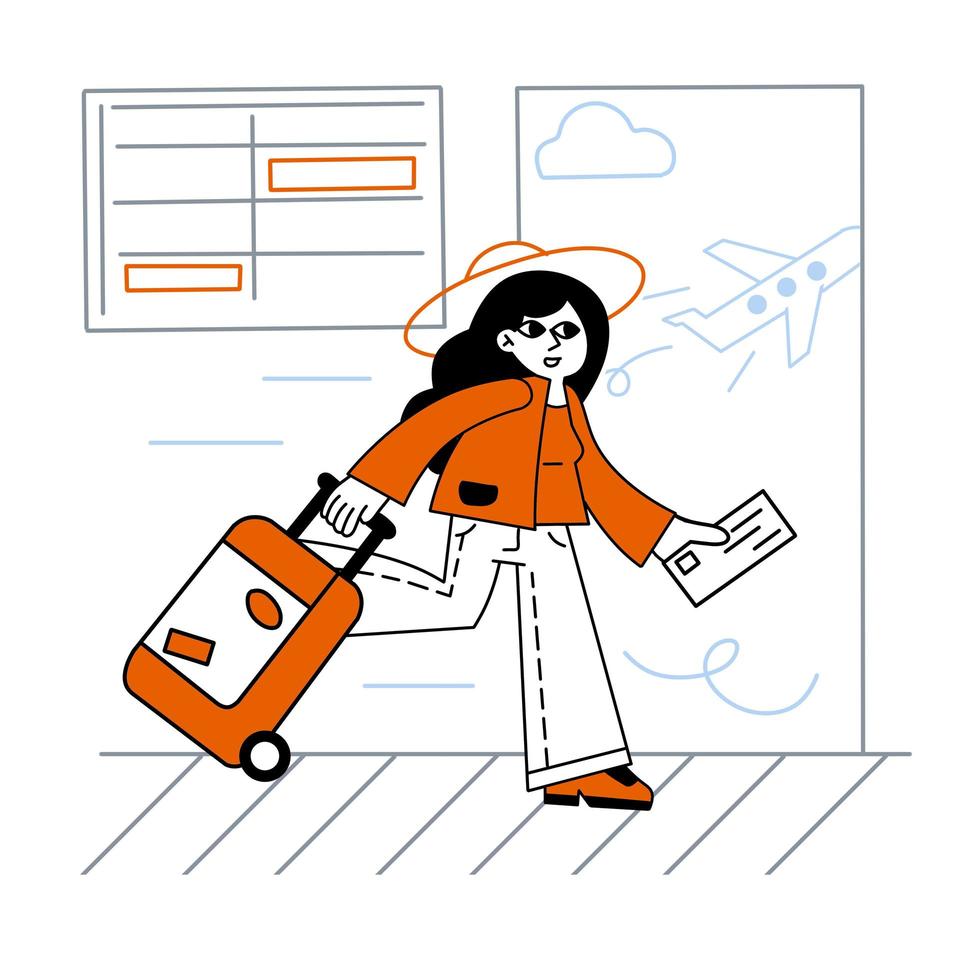 Woman at airport. Luggage and baggage. Ticket in hand. Outline cartoon isolated on white. Female character goes on vacation. Departure and arrival vector