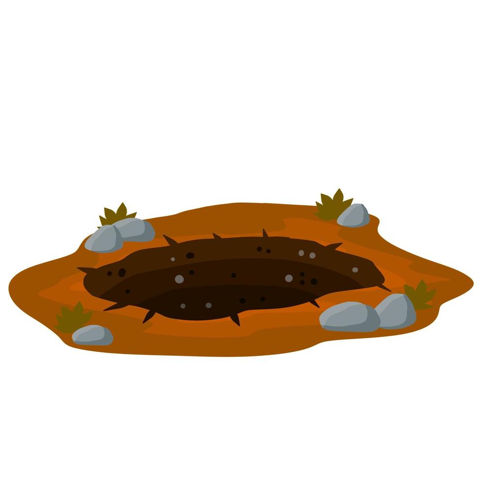 Big hole in ground. Brown dry soil and mine. Element of desert landscape. Cartoon illustration vector