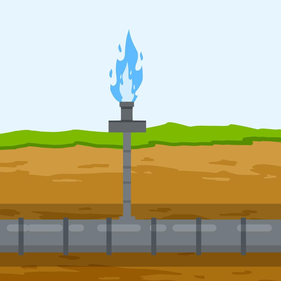 Gas pipeline and equipment. Gasmain with blue fire. Industrial transportation of gas in pipe underground. Cross-sectional view. Flat infographics vector