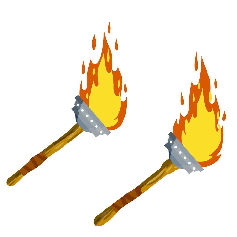 Torch. Fire on stick. Medieval lamp and tool. Flat cartoon illustration vector