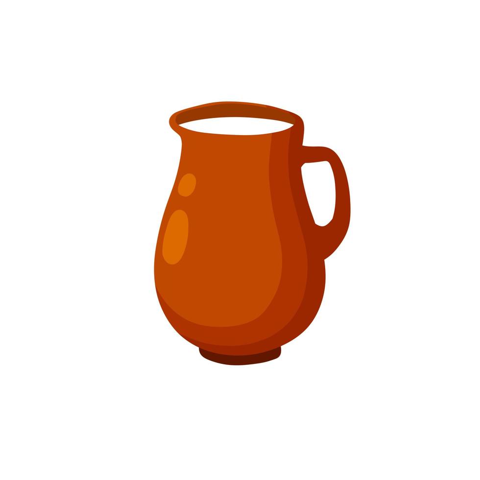 Clay pot. Earthenware jug of milk. Old Water bowl with a handle. vector