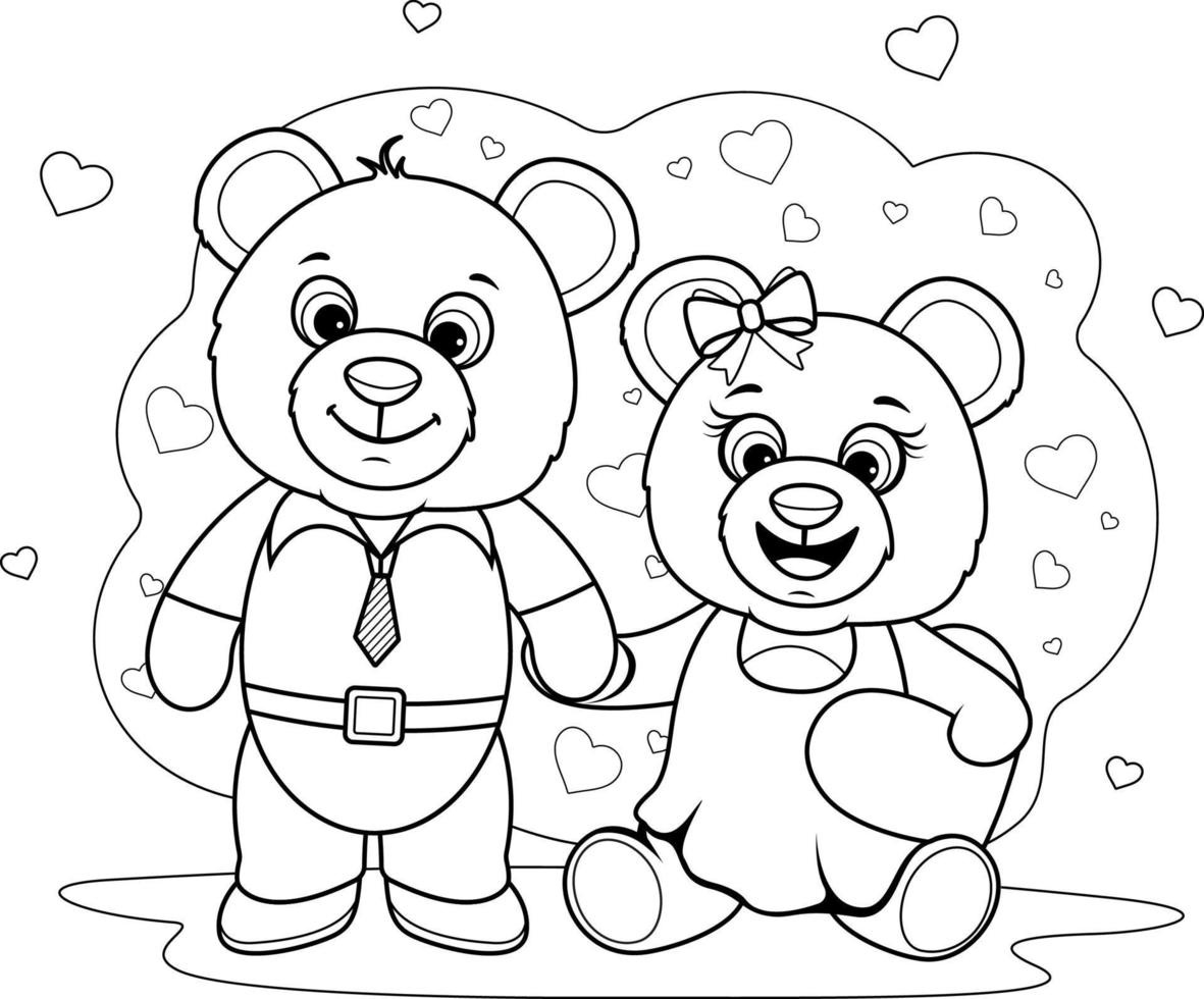 Coloring page. Two cartoon teddy bears in love vector