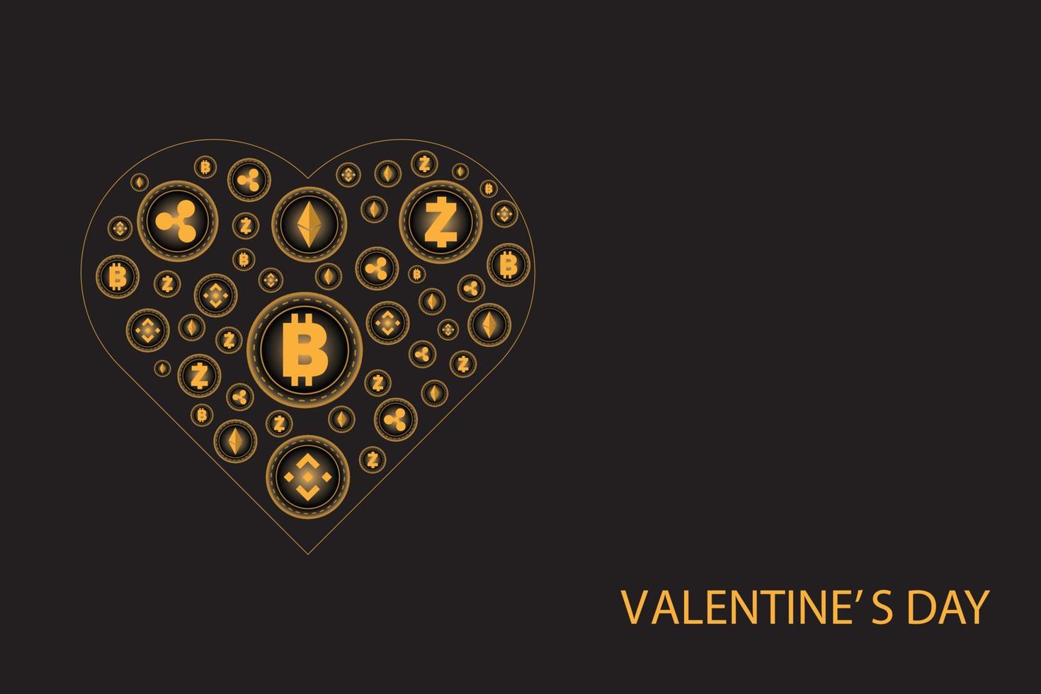 Valentine's day concept. Golden heart by shiny cryptocurrency coin on black background. vector