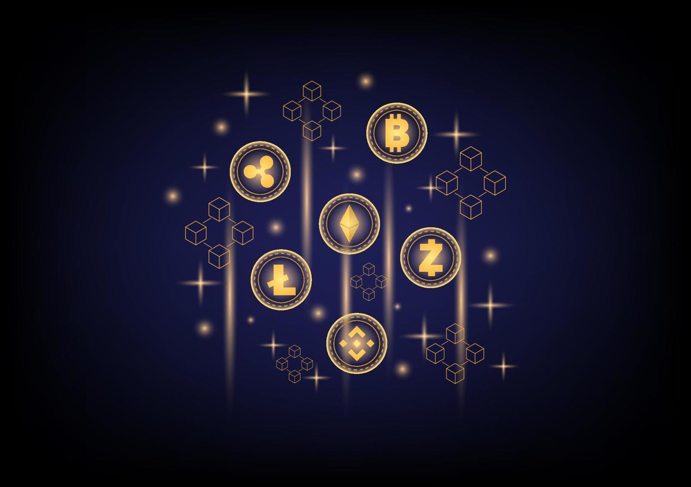 Business and technology concept. Cryptocurrency coin and blockchain technology on black background. Big data information exchanges digital currency and online payment. vector