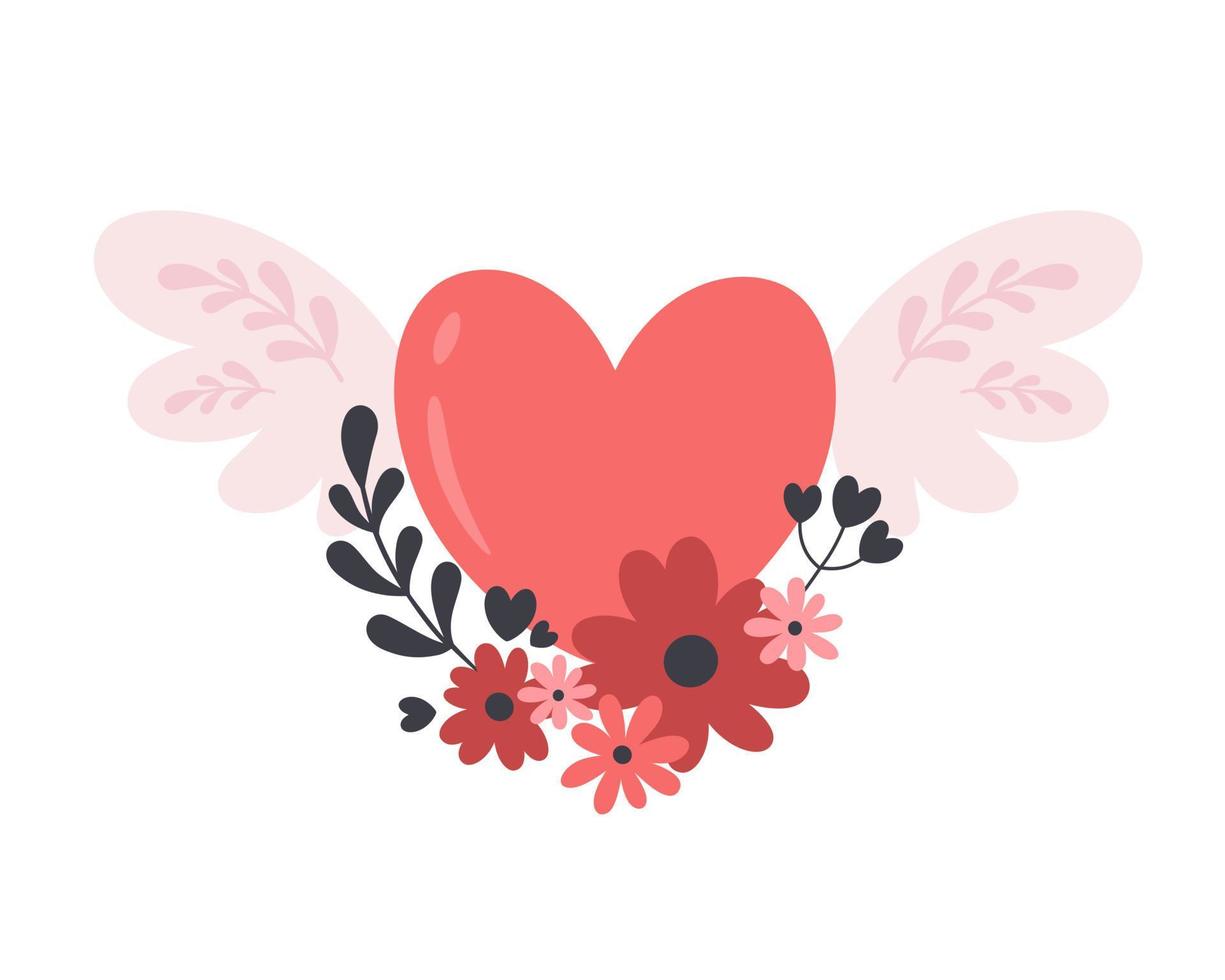 Valentines Day element. Heart with wings and flowers vector