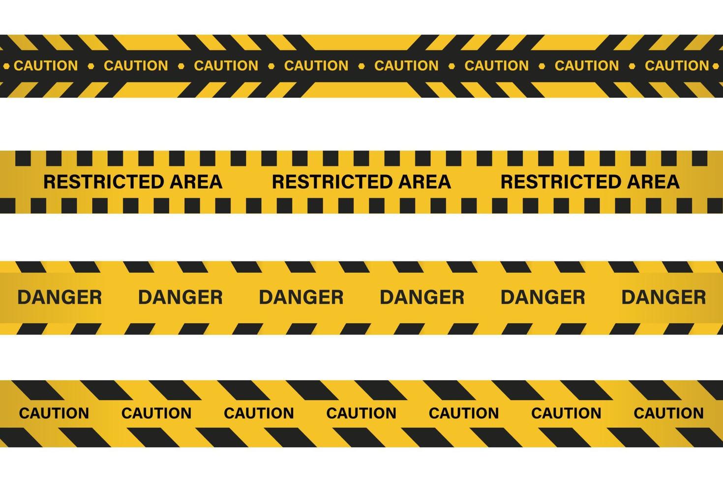 Restricted area, danger tape with yellow and black color. Caution tape for police, accident, under construction, website. Vector warning sign set. Caution tape set with black and yellow warning tape.