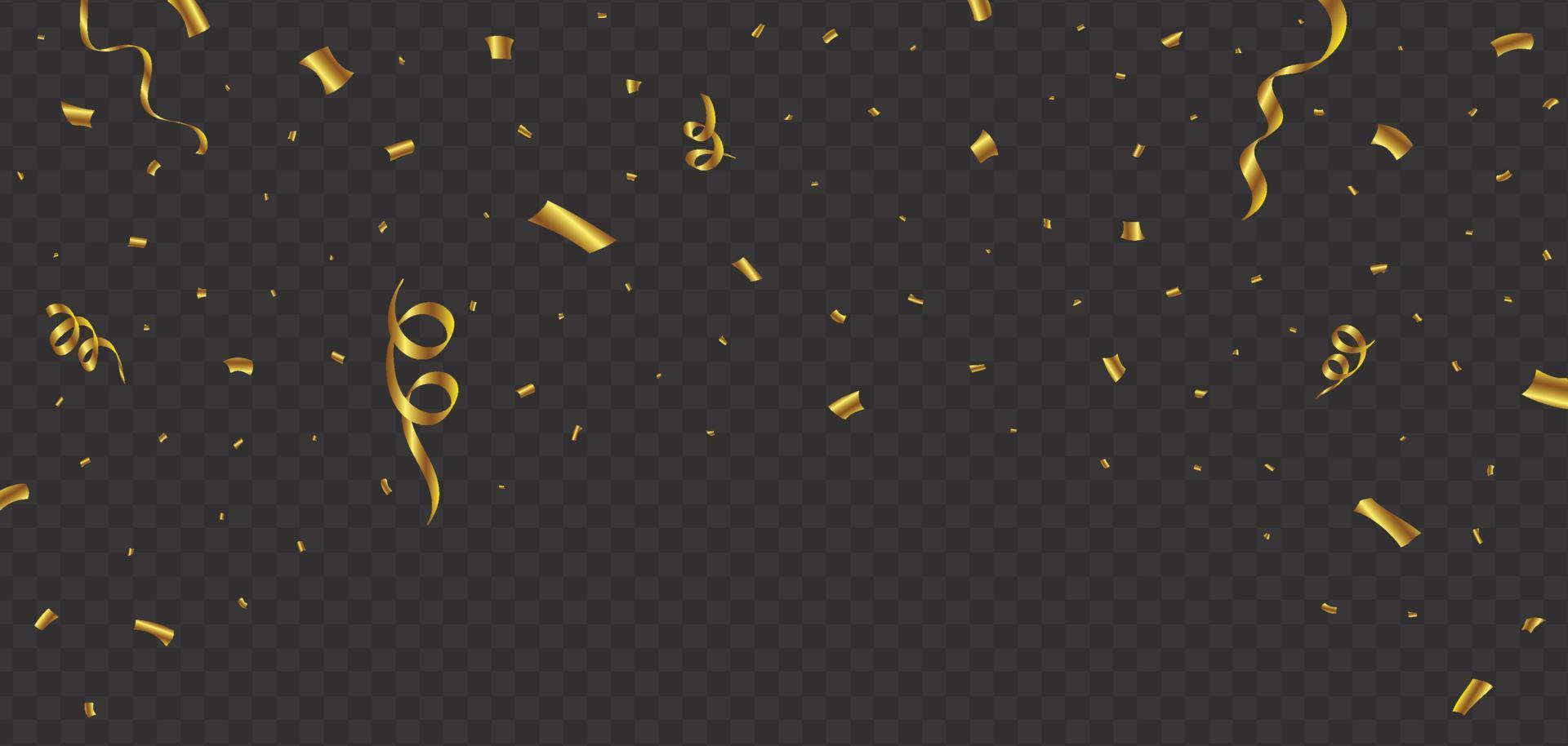 Golden confetti and ribbon falling illustration. Golden confetti and ribbon falling isolated on dark background. Festival elements vector. Anniversary and wedding celebration confetti. vector