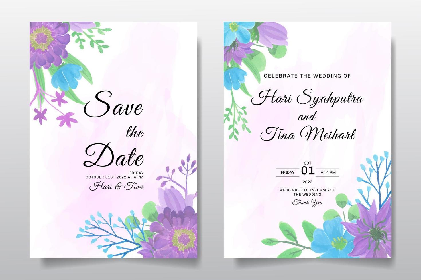 conjunto de invitación de boda tarjeta de felicitación con flores u hojas de color púrpura acuarela vector