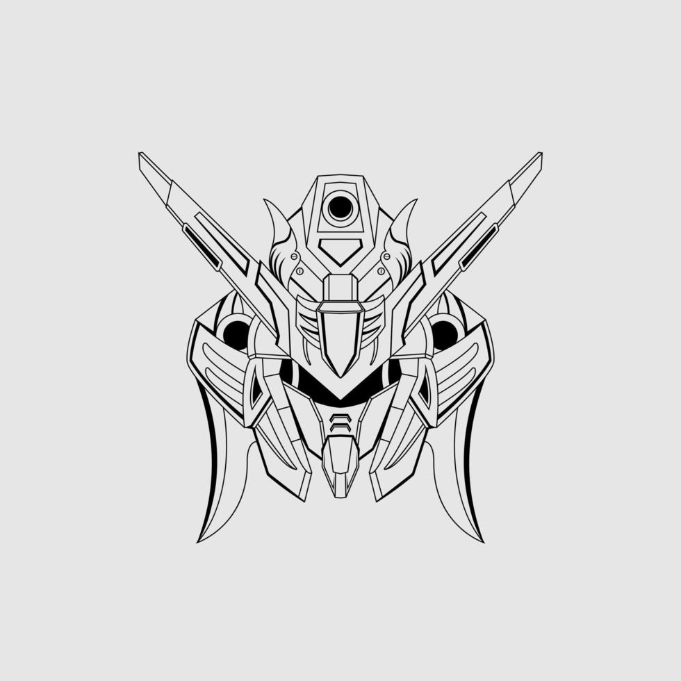 costum gundam head camiseta ilustración boceto en blanco y negro. mecha cabeza logo mecha cabeza ilustración vector