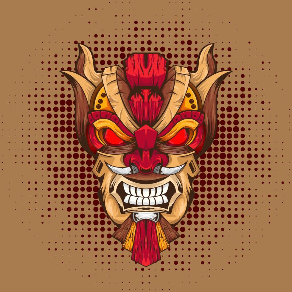 Design of trendy hawaii wooden tiki mask for surfing bar. Traditional ethnic idol and hawaiian surf, maori or polynesian vector