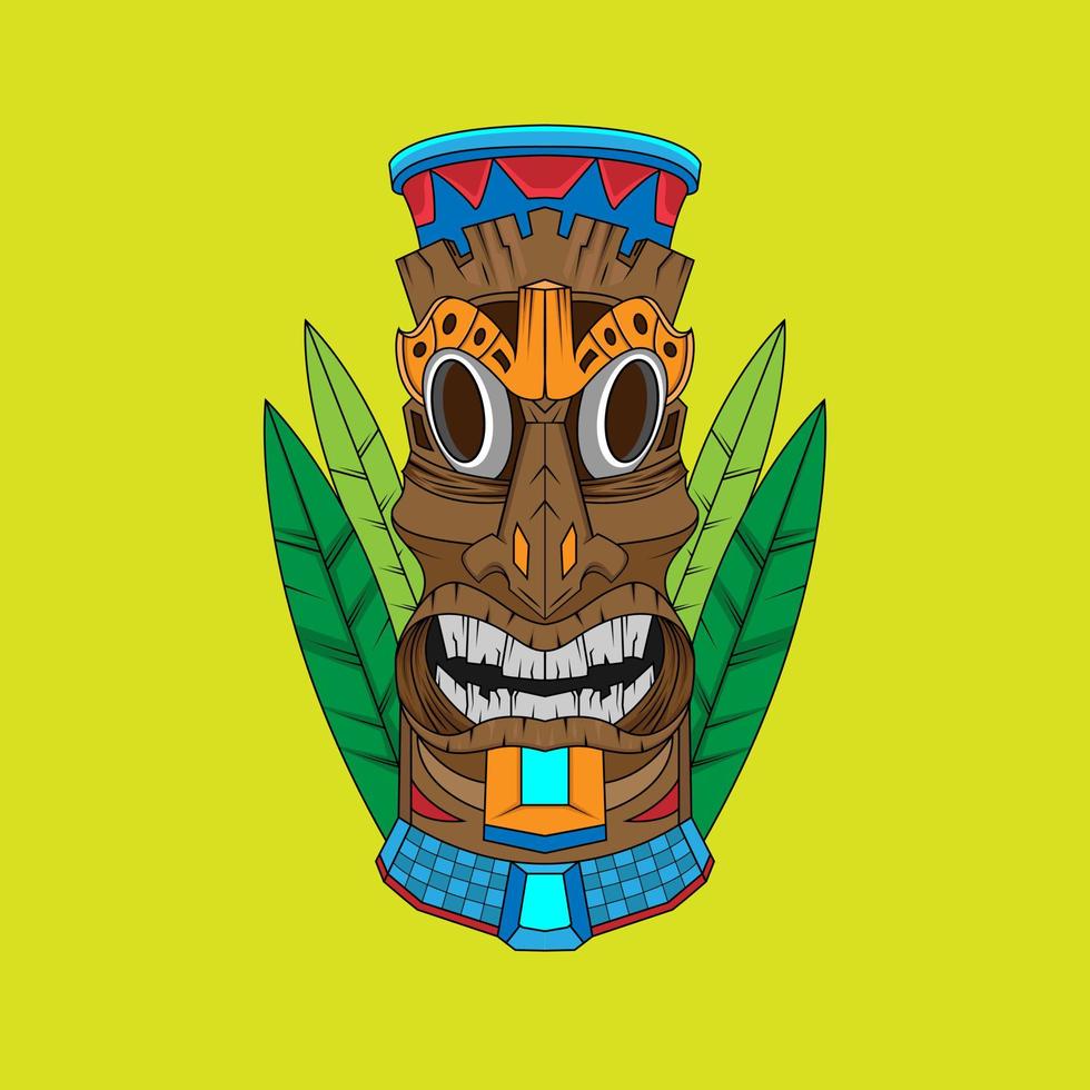 Design of trendy hawaii wooden tiki mask for surfing bar. Traditional ethnic idol and hawaiian surf, maori or polynesian vector