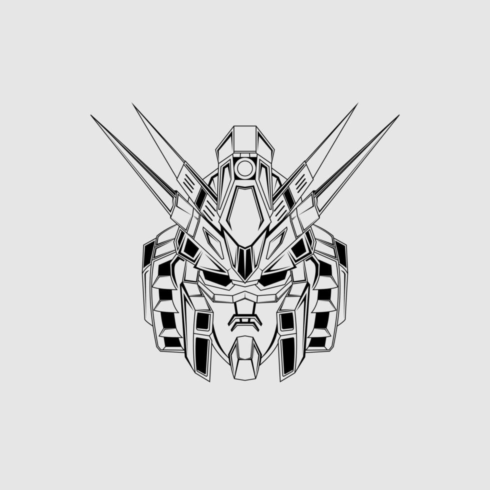 Costum Gundam head t shirt illustration black and white sketch. mecha head logo Mecha Head Illustration vector