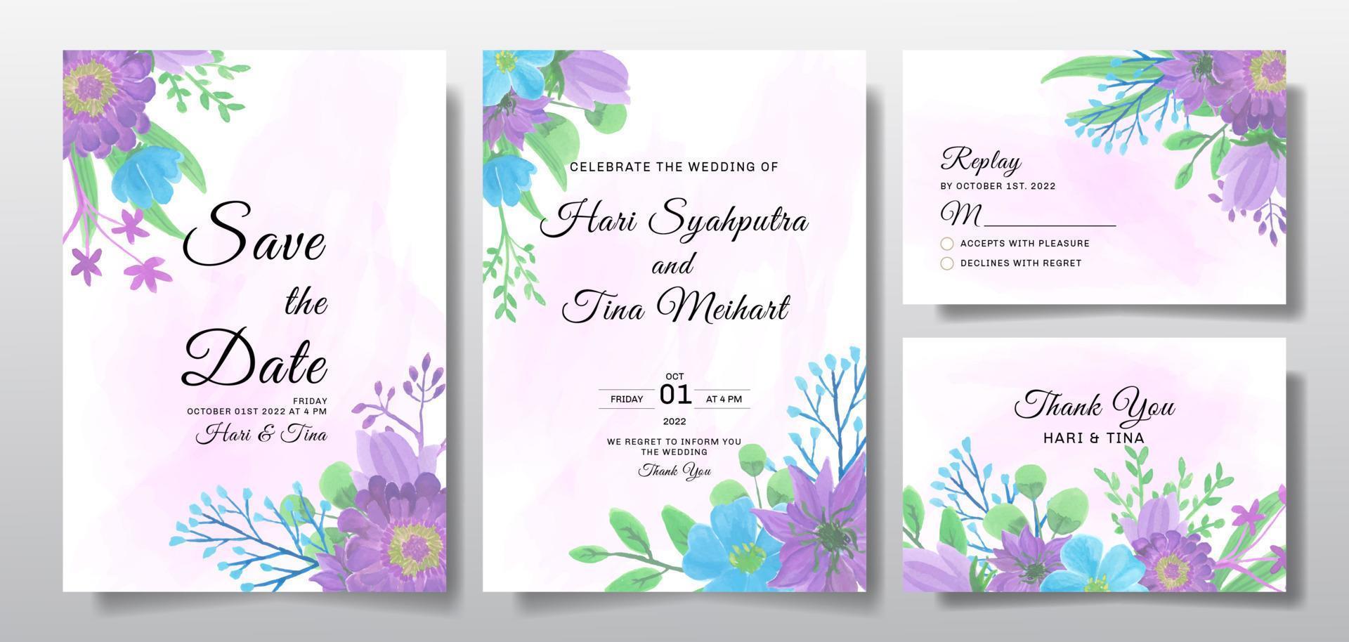 Watercolor wedding invitation set with flower or leaves vector