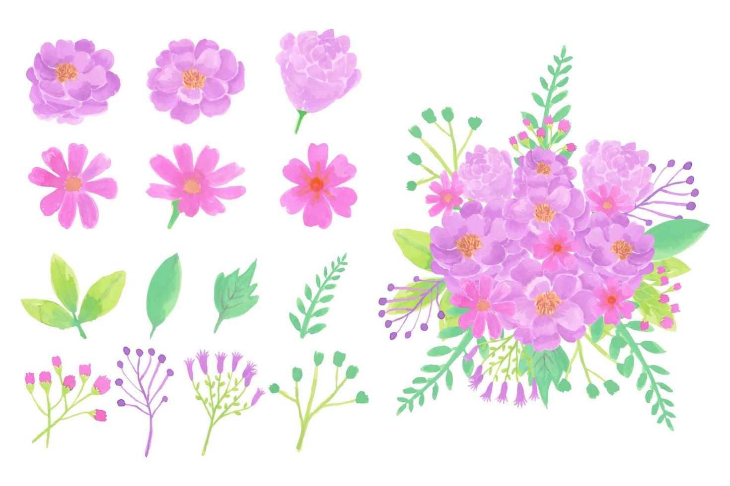 Collection of handmade watercolor flower art bouquet hand drawn vector