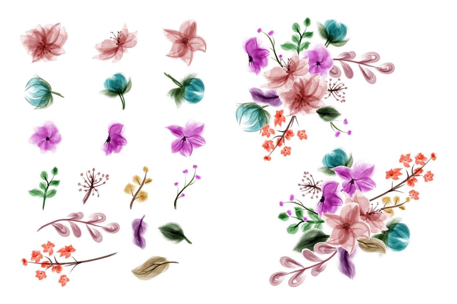 Collection of handmade watercolor floral art hand drawn illustration vector