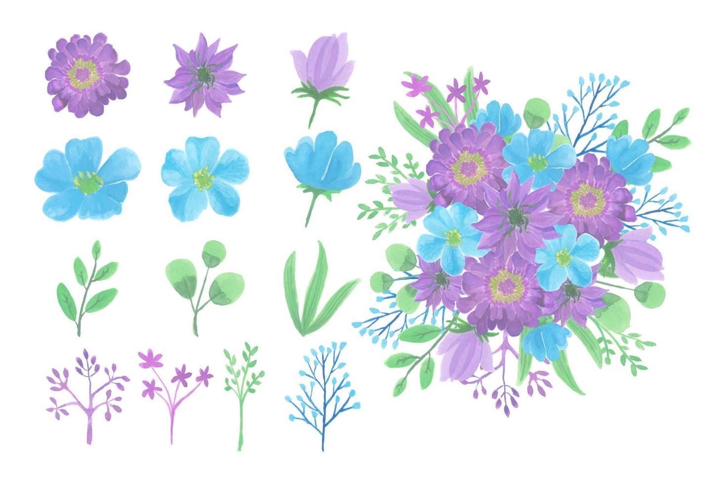 Collection of handmade watercolor flower bouquet hand drawn vector