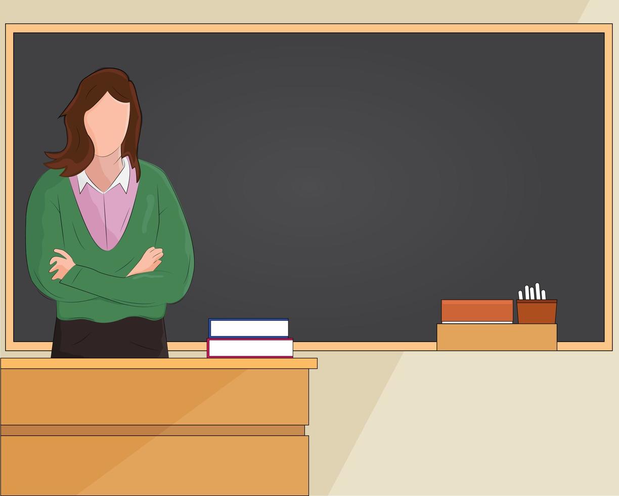 Illustration vector design of tea teacher is teaching in the classroom with blank space on the black board. It is also suitable for teacher's day for filling the quotes