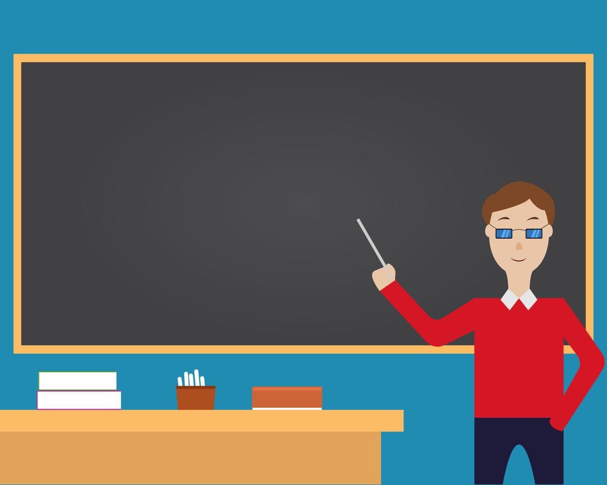 Illustration vector design of teacher is teaching in the class room with blank space on the black board. It is also suitable for teacher's day for filling the quotes.