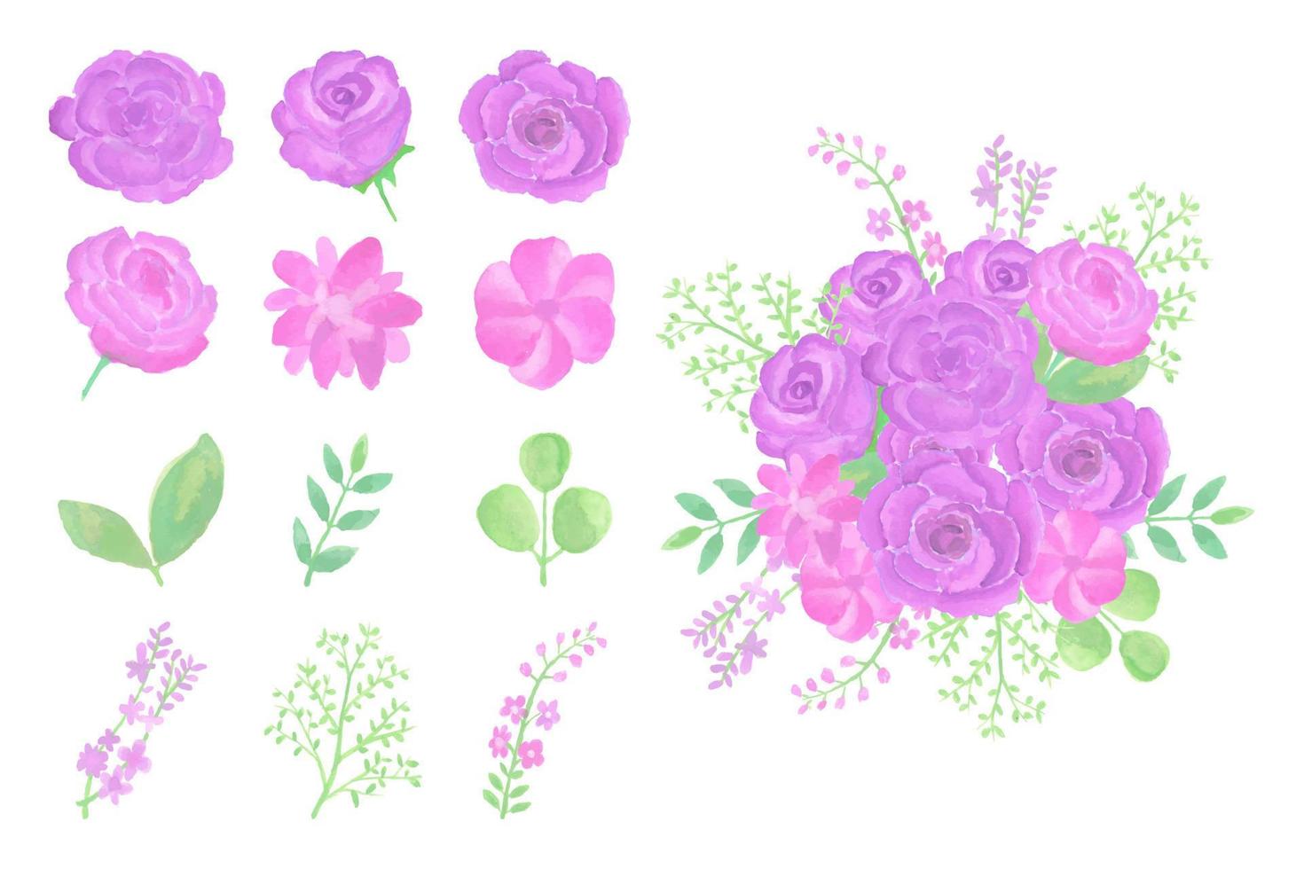 Collection of handmade watercolor flower art bouquet hand drawn vector