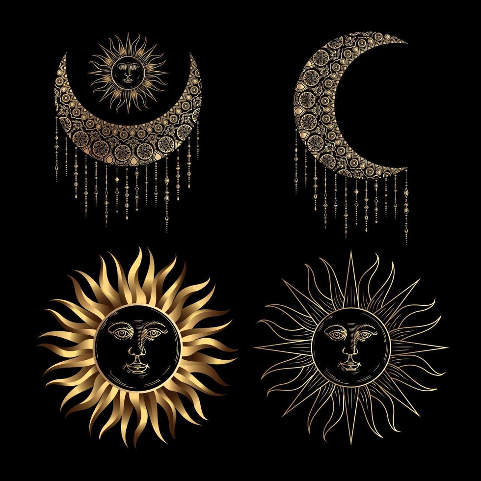 Golden crescent moon and sun , ethnic retro boho style vector