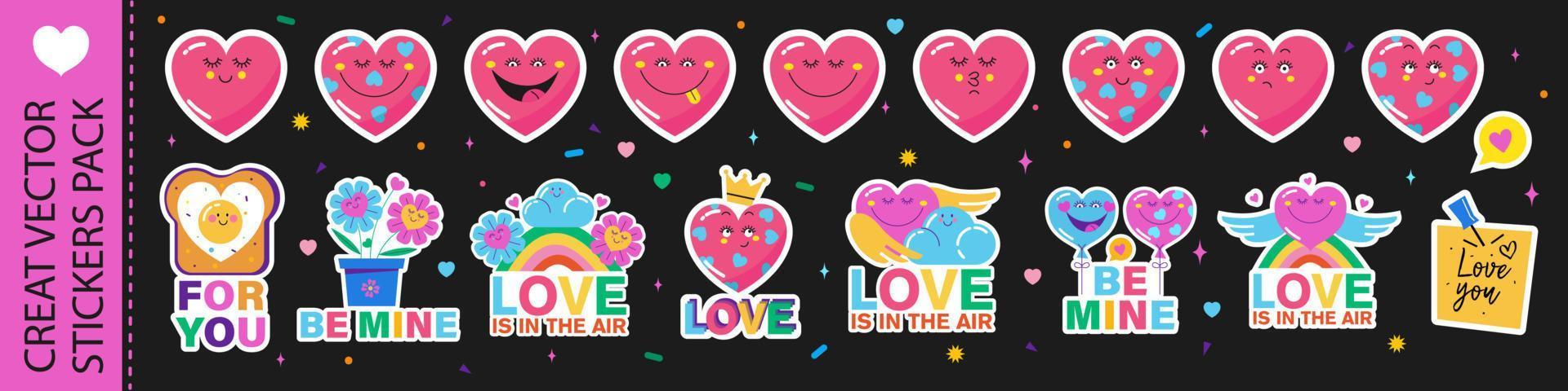 A pack of vector stickers on the theme of love in cartoon style.