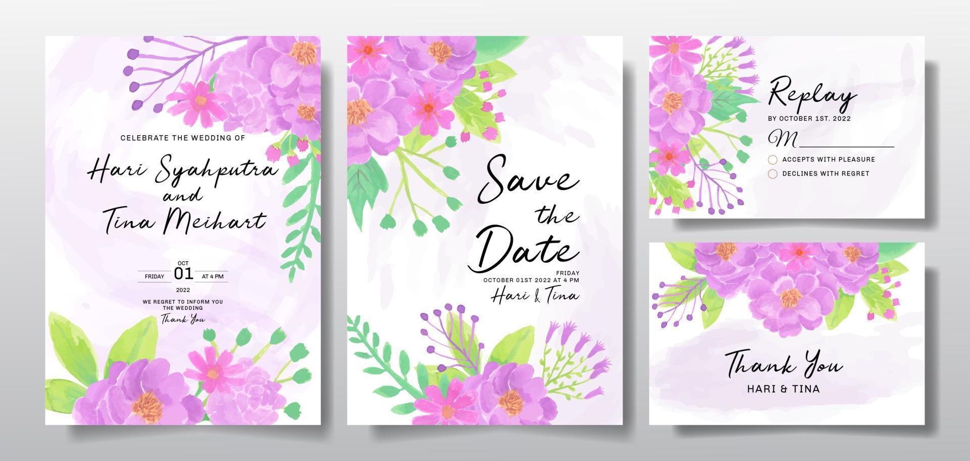 tarjeta de felicitación de invitación de boda con flor u hojas de color púrpura acuarela vector