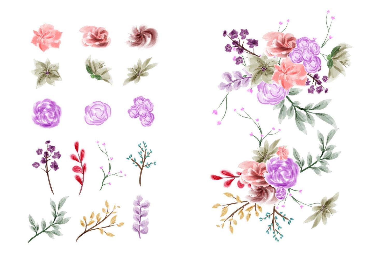 Collection of handmade watercolor floral art hand drawn illustration vector