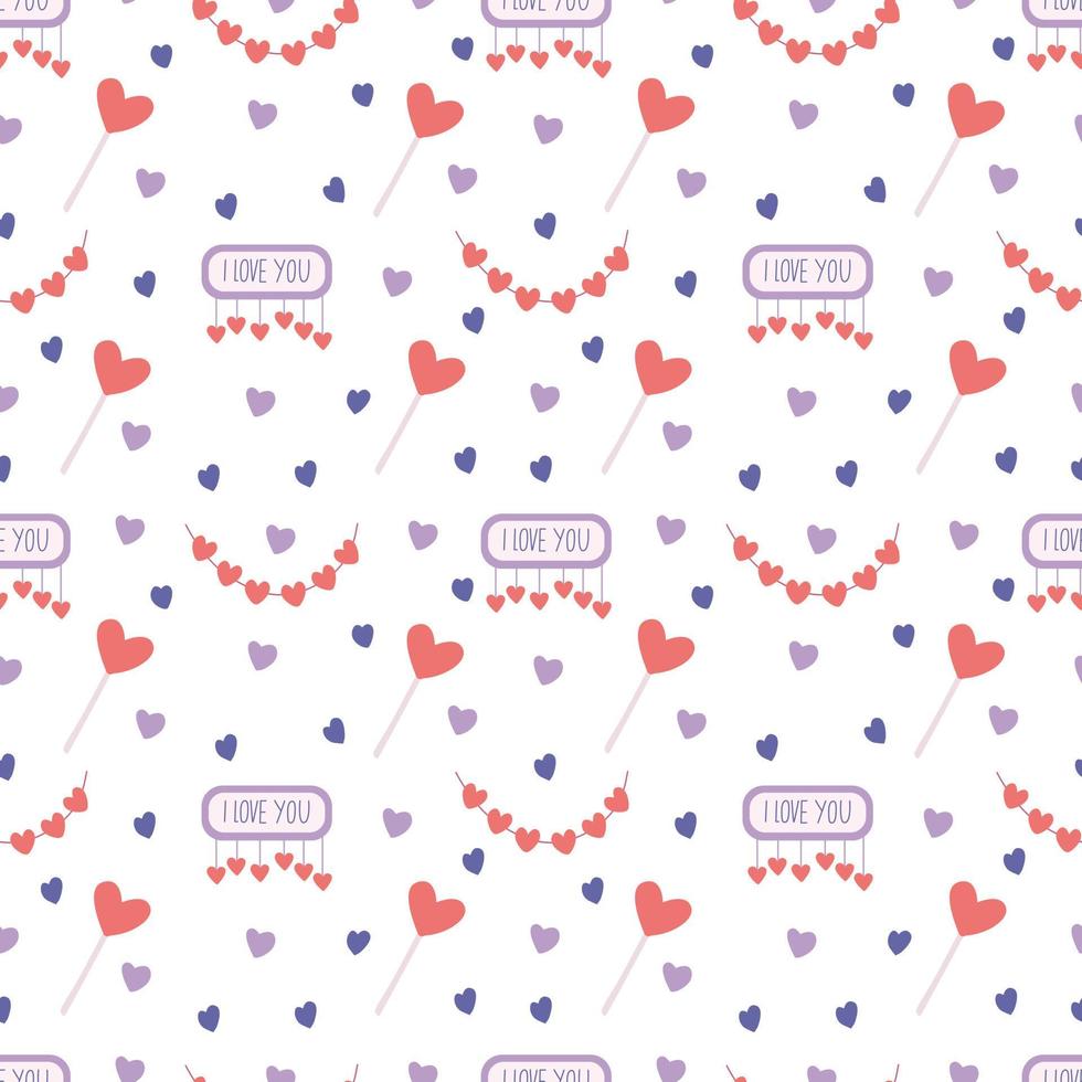 Seamless pattern with garlands, hearts, lollipops and I love you signs  on white. Great for fabrics,  Valentine's day  wrapping papers. vector